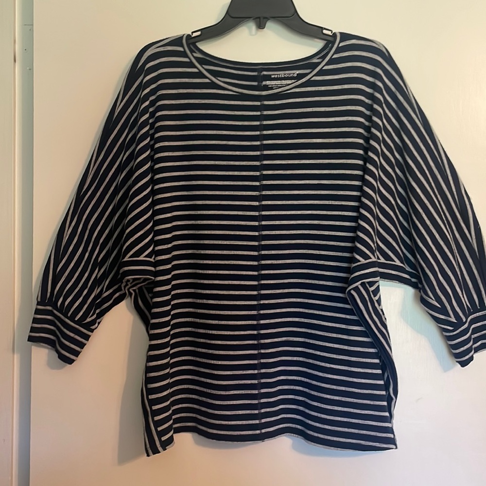 Westbound Dolman sleeve navy & stripe polyester & spandex shirt